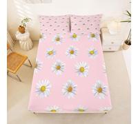 Homemissing Pink Daisy Fitted Sheet Single Size for Kids Boys Girls Botanical Floral Printed Bed Sheets Set 16" Deep PocketBlossom Flowers Pattern Bedding with 1 Pillowcase Room Decor(No Flat Sheet)