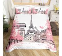 Homemissing Pink Eiffel Tower Bedding Duvet Cover Set King Size Paris Bedding Set for Kids Boys Decor Modern Cityscape London Street Scene Comforter Cover Set European City,No Comforter