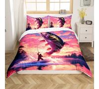 Homemissing Pink Fishing Bedding Set Single Size Pike Fish Duvet Cover Set for Kids Boys Girls Bedroom Bed Decor Fishing and Hunting Comforter Cover Fishing Theme Quilt Cover for All Season