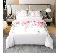 Homemissing Pink Flowers 100% Cotton Duvet Cover Set Super King Size For Kids Boys Girls Hanging Vine Floral Leaves Set Romantic Garden Flower Duvet Cover with 2 Pillowcases Blossom Flowers Pattern