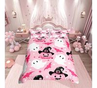 Homemissing Pink Halloween Bedding Duvet Cover Set Single Size Pumpkin Bedding Set Cute Ghost Bat Vintage Halloween Decor Stars Print Duvet Cover Set for Horror Bedclothes(No Comforter)