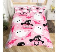 Homemissing Pink Halloween Bedding Duvet Cover Set Super King Size Pumpkin Bedding Set Cute Ghost Bat Vintage Halloween Decor Stars Print Duvet Cover Set for Horror Bedclothes(No Comforter)
