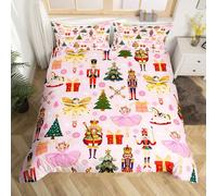 Homemissing Pink Nutcracker Bedding Set Single Size Kids Merry Christmas Comforter Cover Set Royal Guarder Princess Snowflake Duvet Cover Christmas Tree Bedspread Cover Room Decor Quilt Cover