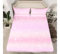 Homemissing Pink Rainbow Fitted Sheet Double Size for Kids Boys Girls Lovely Kids Rainbows Bed Sheets Set 16" Deep Pocket Soft Breathable Magical Bedding with 2 Pillowcases Glitter Galaxy Room Decor