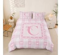 Homemissing Pink Ribbon Bow Duvet Cover Cot Size Cute Bowknot Pink White Plaid Bedding Set for Boys Girls Personalized Initial Alphabet Letter C Comforter Cover 2Pcs With 1 Pillowcase