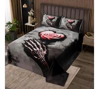 Homemissing Pink Rose Heart Flower Bedspread Single Size Kids Romantic Floral Gothic Bone Skeleton Coverlet Set for Boys Girls Halloween Theme Quilted Coverlet Room Decor