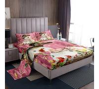 Homemissing Pink Snowman Bed Sheets Set Kids King Size Christmas Cardinal Animal Bedding Set for Boys Xmas Snowflakes Winter Holiday Fitted Sheet Room Decor