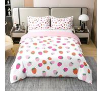 Homemissing Pink Strawberry Duvet Cover 100% Cotton Kawaii Strawberries Bedding Set for Kids Boys Girls Teens Colorful Room Decor Cute Fruit Comforter Cover Double Size Zipper Soft Lightweight