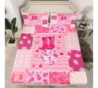 Homemissing Pink Western Aztec Bed Sheets Set 16" Deep Pocket Kids Cowgirl Boots Fitted Sheet Double Disco Ball Wild Tribal Boho Rustic Horseshoes Bow Girly Bedding for Room Decor 2 Pillow Case 3Pcs