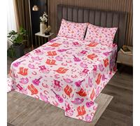 Homemissing Pink Western Aztec Coverlet Set for Girls Boys Kids Double Size Wild Cowboy Boots Hat Quilted Coverlet Room Decor Horseshoes Guitar Rustic Farmhouse Tribal Cow Bedspread