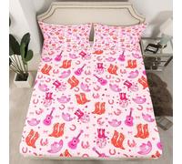 Homemissing Pink Western Aztec Fitted Sheet for Girls Boys Kids Double Wild Cowboy Boots Hat Bedding Room Decor Horseshoes Guitar Rustic Farmhouse Tribal Cow Bed Sheets Set 16" Deep Pocket Soft 3Pcs