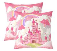 Homemissing Princess Castle Kids Throw Pillow Covers Pink Castle Square Cushion Covers Set of 2, Fairy Tales Pillow Covers Girls Princess Cushion Covers for Couch Sofa Room Decor 40x40cm