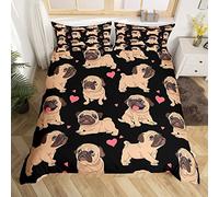 Homemissing Puppy Dog Duvet Cover Set Kawaii Pug Comforter Cover Love Heart Prints Bedspread Cover Animal Pattern Black Bedding Set for Kids Boys Girls Adults