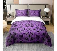 Homemissing Purple and Black Bedding Duvet Cover Set 100% Cotton Double Kids Jacquard Comforter Cover Set Black Damask Duvet Cover 100% Cotton Vinatge Floral Decor Bedspread Cover
