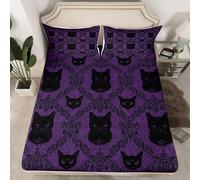 Homemissing Purple Black Cat Damask Fitted Sheet King Size For Kids Boys Girls Boho Gothic Floral Bedroom Decor Antique Victorian Baroque Fitted Sheet with 2 Pillowcases Minimalist Bedding