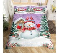 Homemissing Purple Snowman Duvet Cover Merry Christmas Tree Bedding Set for Kids Boys Girls Room Decor Xmas Snowflake Cardinal Bird King Size Zipper Soft 3Pcs