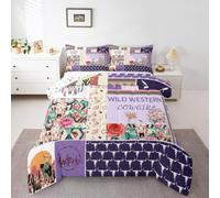 Homemissing Purple Western Aztec Bedding Set Wild Cowgirl Boots Comforter Set for Kids Boys Girls Teens Room Decor Bull Skull Floral Southwestern Rustic Duvet Quilt Double Size Breathable Soft 3Pcs