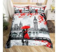Homemissing Red Couple Lover Bedding Set Big Ben Duvet Cover King Size Bedroom Decor Mr Mrs Paris Modern Cityscape Comforter Cover Set London Street Scene With 2 Pillow Case,No Comforter