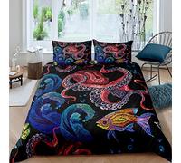 Homemissing Red Octopus Tentacles Bedding Set Sea Wave Comforter Cover for Kids Boys Girls Teens Tropical Fishes Duvet Cover Underwater Animal Breathable Bedding & Linen Single