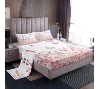 Homemissing Red Pink Flowers Pattern Bed Sheet Set Double Size for Girls Adults Women Kids Butterflies Print Bedding Set Garden Flower Sheets with Deep Pocket Fitted Sheet+2 Pillowcases Nature Theme