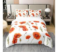 Homemissing Red Poppy Duvet Cover Set 100% Cotton King Floral Flower Blossom Bedding Set Boys Decor Botanical Branches Comforter Cover Set Spring Garden Bedspread Cover No Comforter