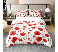 Homemissing Red Poppy Duvet Cover Set 100% Cotton Super King Floral Flower Blossom Printed Bedding Set Boys Botanical Branches Comforter Cover Set Spring Garden Bedspread Cover No Comforter