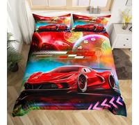 Homemissing Red Race Car Bedding Set - Super King Size Kids Boys Extreme Sports Car Duvet Cover Decorations Teens Toddler Galaxy Planet Duvet Set Cool Modern Comforter Cover 3Pcs