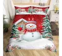 Homemissing Red Snowman Duvet Cover Merry Christmas Tree Bedding Set for Kids Boys Girls Room Decor Xmas Snowflake Cardinal Bird King Size Zipper Breathable Soft 3Pcs