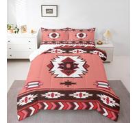 Homemissing Red Southwestern Aztec Duvet Quilt King Size Geometric Vintage Comforter Set for Boys Girls Children Geometry Bohemian Tribal Rustic Western Bedding Set Room Decor Breathable Soft 3Pcs
