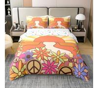 Homemissing Retro Flower Bedding Duvet Cover 100% Cotton Set King Size Peace Art Bedding Set Vintage Abstract Geometric 60S 70S Groovy Sun Comforter Cover Set Yellow Bedspread Cover (No Comforter)
