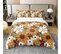 Homemissing Retro Hippie Flower Bedding Duvet Cover 100% Cotton Set Double Size 60S 70S Groovy Bedding Set Vintage Plant Floral Blossom Botanical Comforter Cover Set Orange Bedspread Cover