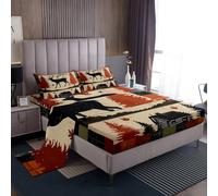 Homemissing Retro Rustic Lodge Deer Bed Sheets Set King Size Silhouette Patterned Bed Set Fallen leaves Deep Pocket Fitted Sheet Nature Wildlife Deer Breathable Soft Lightweight Microfiber Farmhouse