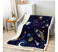 Homemissing Rocket Sherpa Blanket Galaxy Fleece Throw Blanket for Kids Boys Girls Teens Outer Space Planet Cute Fuzzy Blanket for Sofa Bed Universe Cartoon,Single 50x60 Inch