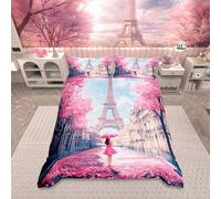 Homemissing Romantic Eiffel Tower Bedding Set Paris Comforter Cover Set Cherry Blossoms Modern Cityscape Duvet Cover Single Size Bedroom Decor London Street Bedding Collection,No Comforter
