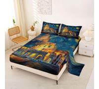Homemissing Rome Colosseum Bed Sheets Sets Double Size Kids Boys Girls Van Gogh Starry Night Bedding Set European Architecture Bed Sheet Set with 16-Inch Deep Pockets 4Pcs with 2 Pillow Cases