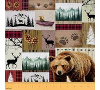 Homemissing Rustic Bear Upholstery Fabric for Chairs Wildlife Hunting Theme Fabric by The Yard Deer Elk for Home DIY Projects Red Plaid Waterproof Indoor Outdoor Fabric Decor,5 Yards (L460*W150cm) s