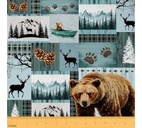 Homemissing Rustic Bear Upholstery Fabric for Chairs Wildlife Hunting Theme Fabric by The Yard Deer Elk for Home DIY Projects Green Plaid Waterproof Indoor Outdoor Fabric Decor,3 Yards (L276*W150cm)s