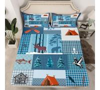 Homemissing Rustic Cabin Bed Sheet Set Double Size Moose and Duck Bedding Sheets Lake and Fish Bedding Fitted Sheet Outdoor Nature Theme Bed Cover,1 Fitted Sheet+2 Pillow Sham（No Flat Sheet）