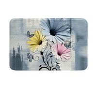Homemissing Rustic Farmhouse Kids Bathroom Rugs,Boys Girls 20x32Inch,Blue Daisy Floral Flowers and Butterfly on Country Wooden Bath Mats,Turquoise Pink Yellow Bathroom Accessories,Farm Floor Doormats