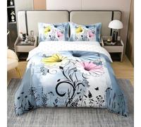Homemissing Rustic Farmhouse Kids Bedding Set,Boys Girls Single Size,Blue Daisy Floral Flowers and Butterfly on Country Wooden Duvet Cover 100% Cotton,Turquoise Pink Yellow Comforter Cover Set,Farm
