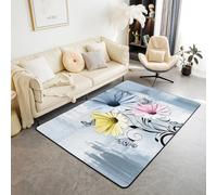 Homemissing Rustic Farmhouse Kids Living Room Rugs for Bedroom,Area Rug 150*200cm,Blue Daisy Floral Flowers and Butterfly on Country Wooden Decor Carpet,Turquoise Pink Yellow Indoor Floor Mat,Non-Slip