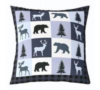 Homemissing Rustic Throw Pillow Covers 1 Pcs Cabin Lodge Bear Deer Square Cushion Covers Western Country Pillow Case Farmhouse Moose Cushion Case for Sofa Blue Buffalo Check Bedroom Decor 40x40cm