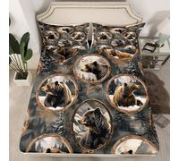 Homemissing Rustic Wildlife Fitted Sheet with 1 Pillowcase Single Size Brown Bear Bed Sheets Set 16" Deep Pocket Rustic Lodge Bedding Nature Wildlife Bear Bedroom Decor Modern Decor Breathable Soft