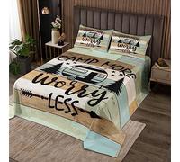 Homemissing RV Camping Coverlet Set Great Camping Quilted Bedspread Vintage Camping Decor Coverlet Set for Boys Girls Vintage Wood Plank Quilted With 2 Pillow Case Double