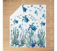 Homemissing Sea Turtle Flannel Blanket Plush Fuzzy Baby 30x40Inch Blue and White Seahorse Medulla Print Fleece Throw Blanket Summer Ocean Animals Cozy Blanket Seagrass and Shell Decor