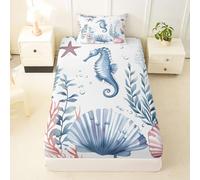 Homemissing Seahorse Fitted Sheet Single Size Coastal Seashell Bed Sheets Set 16" Deep Pocket Soft Breathable Underwater Coral Bedding with 1 Pillowcase Ocean Foliage Room Decor Tropical Shore