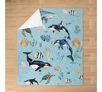 Homemissing Shark and Whale Flannel Blanket Plush Fuzzy Queen 90x90Inch Cartoon Sea Beast Fleece Throw Blanket for Kids Boy Girl Octopus Turtle Cozy Blanket Underwater World Couchs