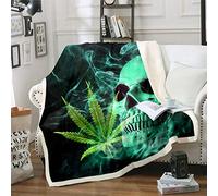 Homemissing Skull Skeleton Design Fleece Throw Blanket Cannabis Leaf Sherpa Blanket Kids Boys Gothic Bones Green Smog Comforter Cover Marijuana Weed Green Leaf Fuzzy For Sofa Bed,Double 60x79 Inch