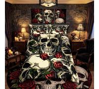 Homemissing Skulls Duvet Cover Red Roses Bedding Set Skeleton Comforter Cover for Boys Girls Kids Scary Gothic Bones Style Bedding & Linen Super King