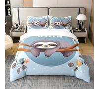 Homemissing Sloth 100% Cotton Duvet Cover Cute Sloth Bedding Set for Kids Boys Girls Teens Tree Branches Comforter Cover Set Single Size Blue Bedspread Cover